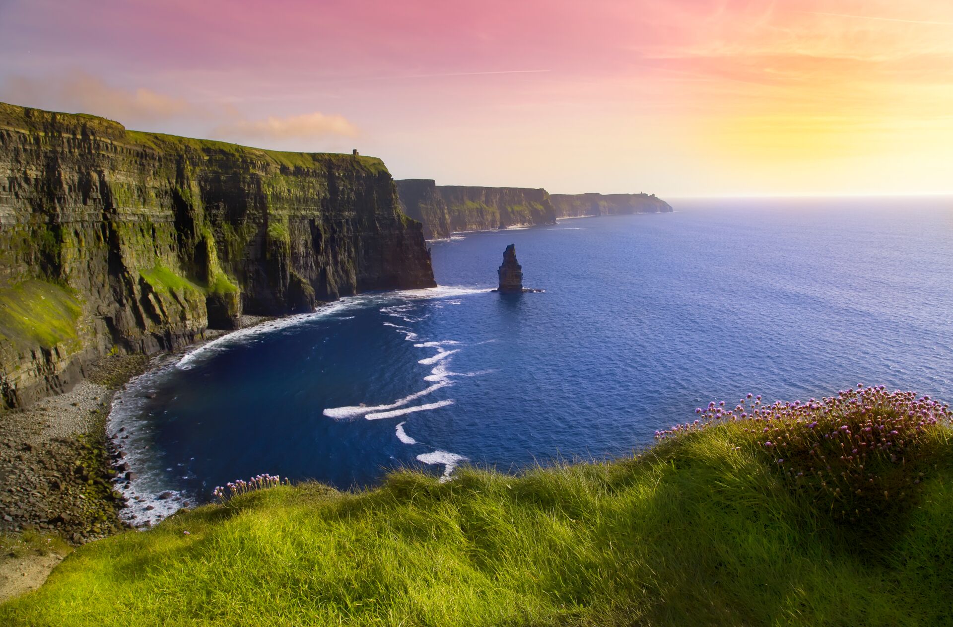 Sunset over the cliffs of Moher in Ireland