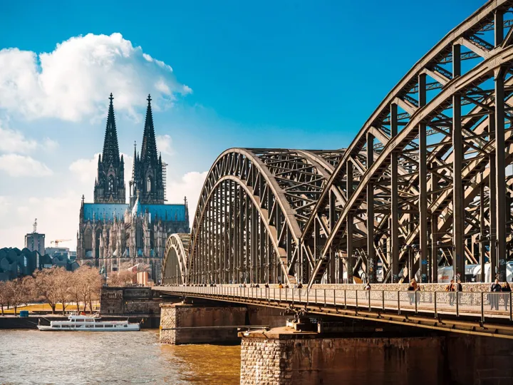 Low angle view of buildings and bridge in German city