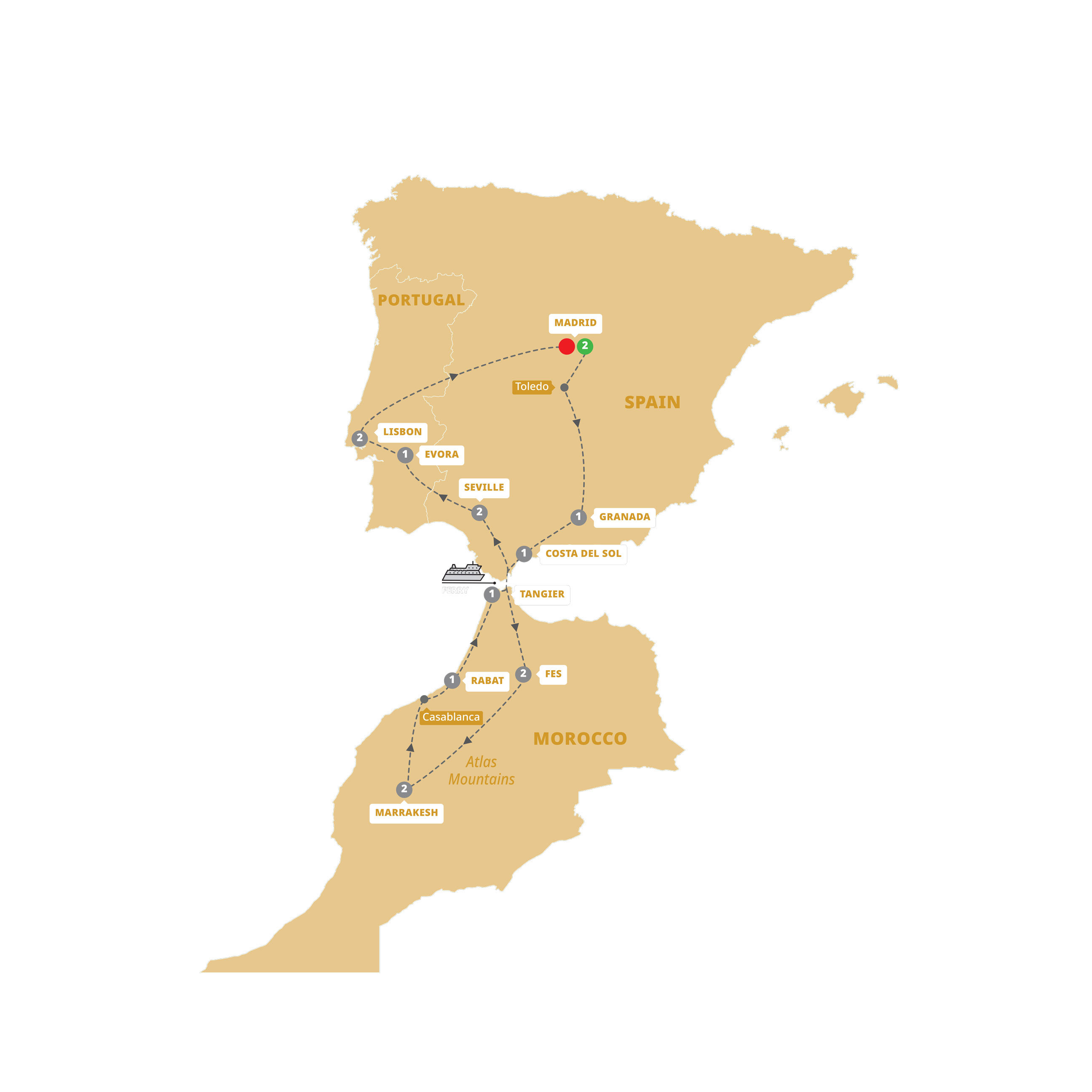 A map highlighting different stops on the Trafalgar's Spain, Morocco, Portugal tour