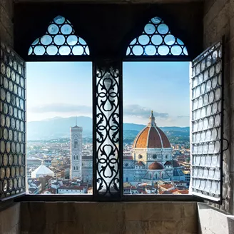 A view of the Duomo in Florence, Italy from a nearby window