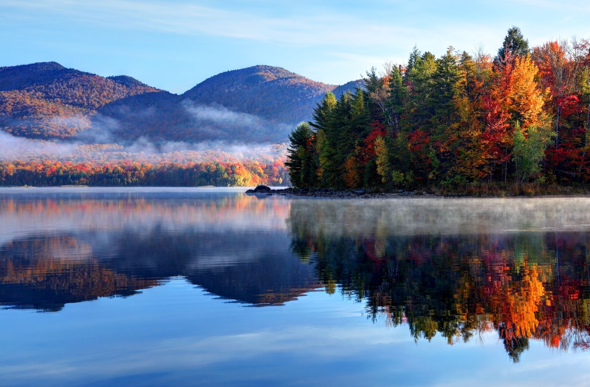Autumnal leaves reflected in a lake during fall in USA