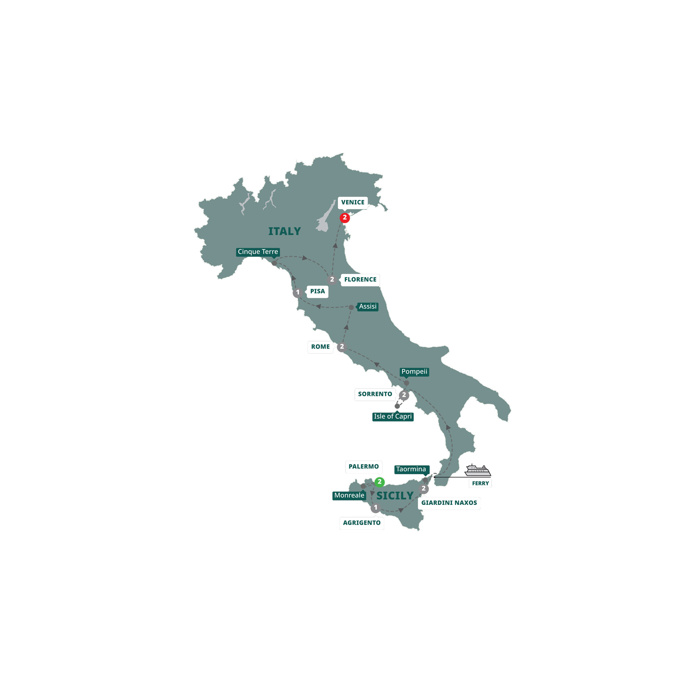 A map highlighting different stops on the Trafalgar's Best of Italy and Sicily tour