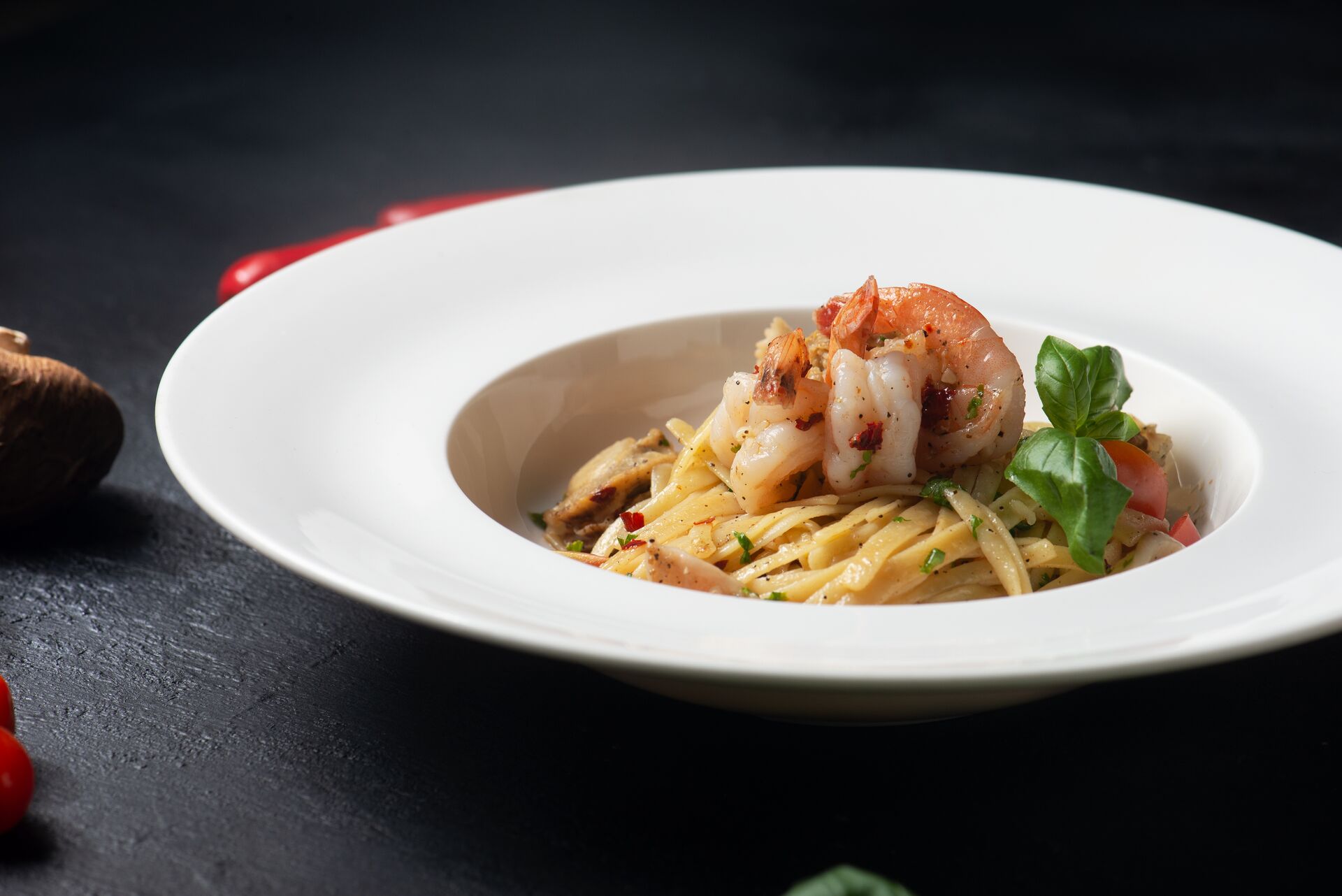 Seafood Aglio Olio on a white plate 
