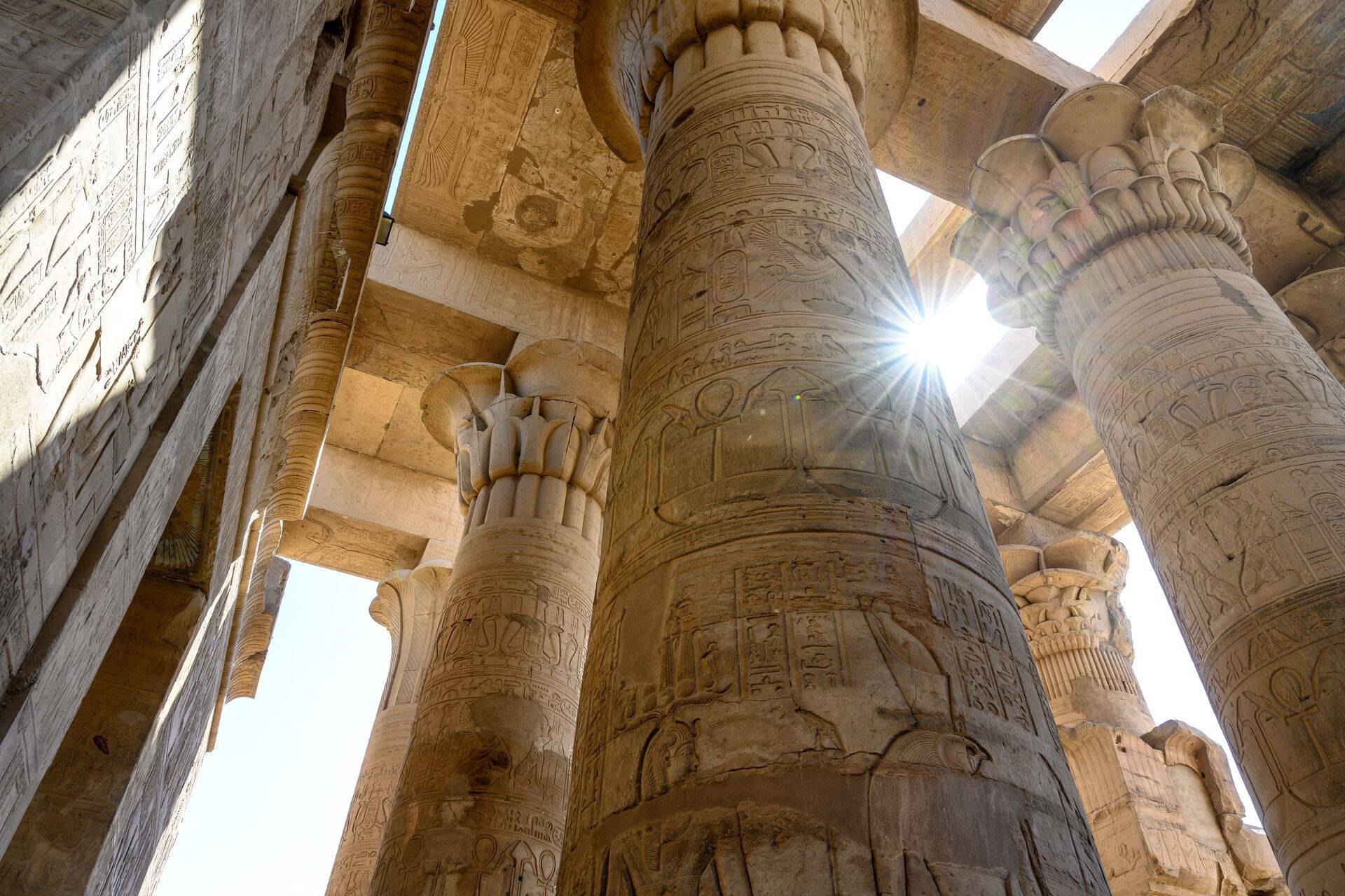 Columns with hieroglyphs in Temple Of Kom Ombo in Kom Ombo, Egypt