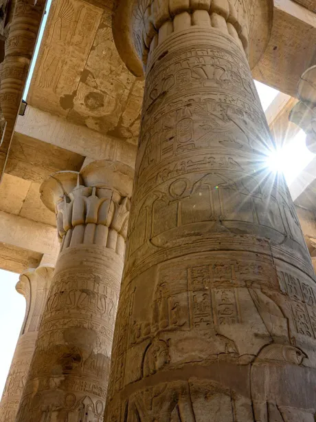 Columns with hieroglyphs in Temple Of Kom Ombo in Kom Ombo, Egypt
