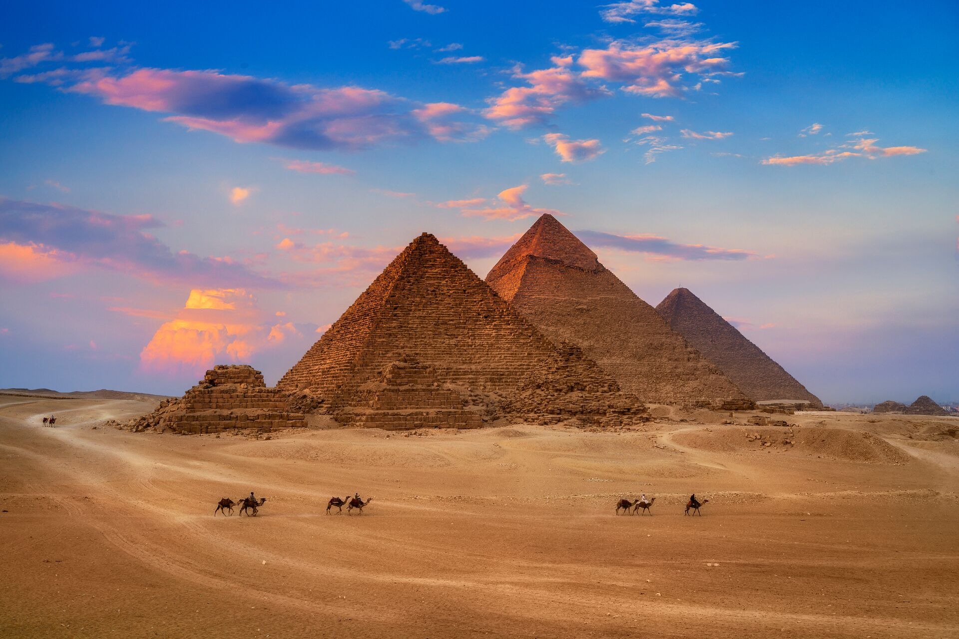 Pyramids in sunset scene, Wonders of the World, Giza, Egypt