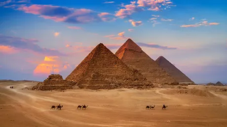 Pyramids in sunset scene, Wonders of the World, Giza, Egypt