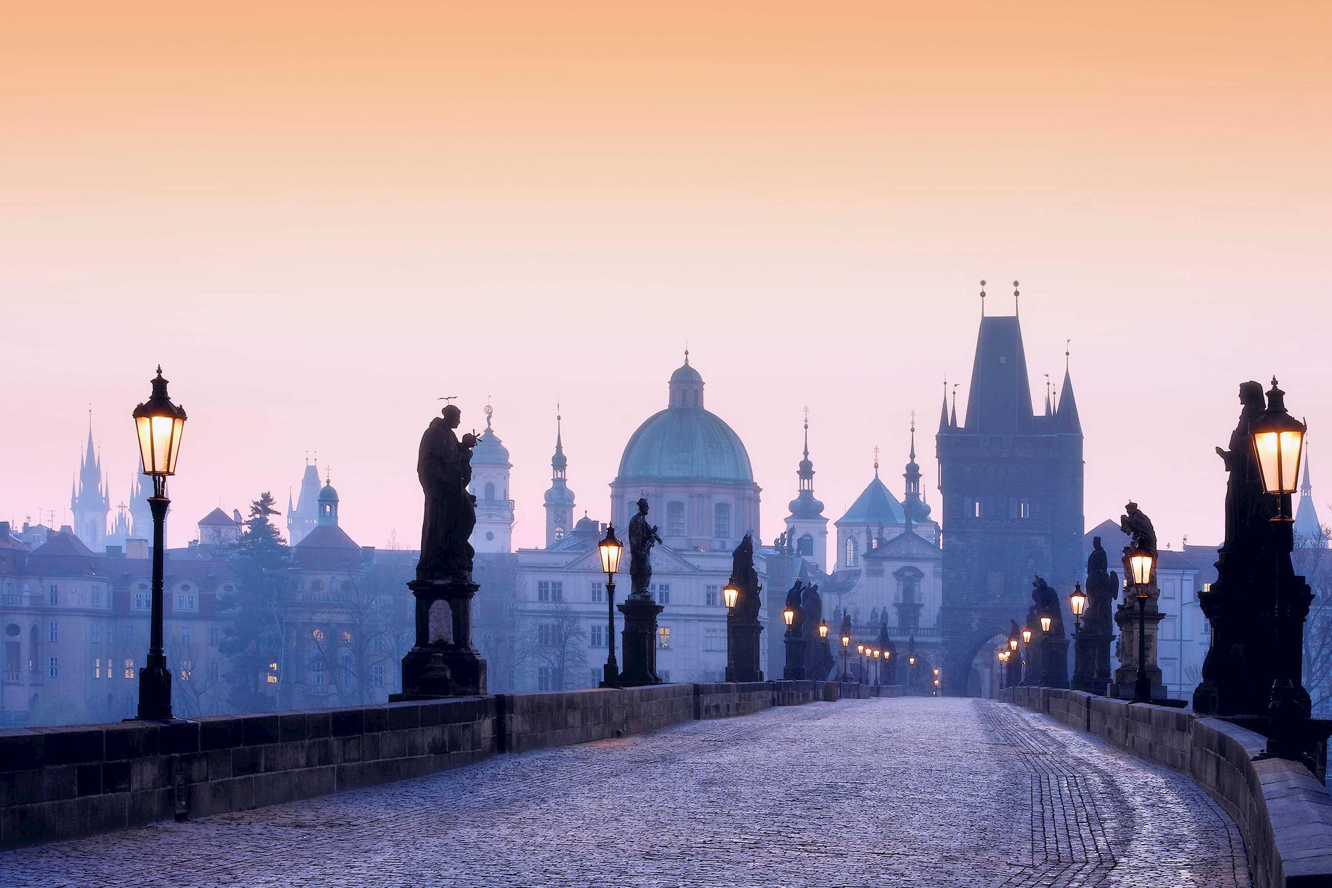 An evening view of Prague from the Charles Bridge 
