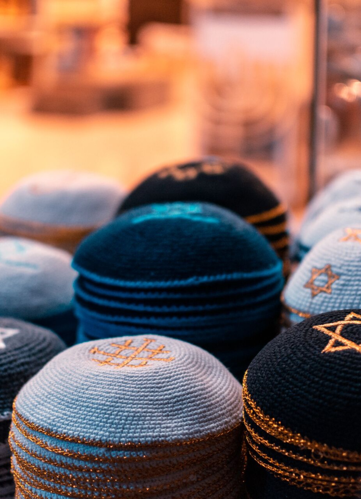 High Angle view of skull caps for sale in store 