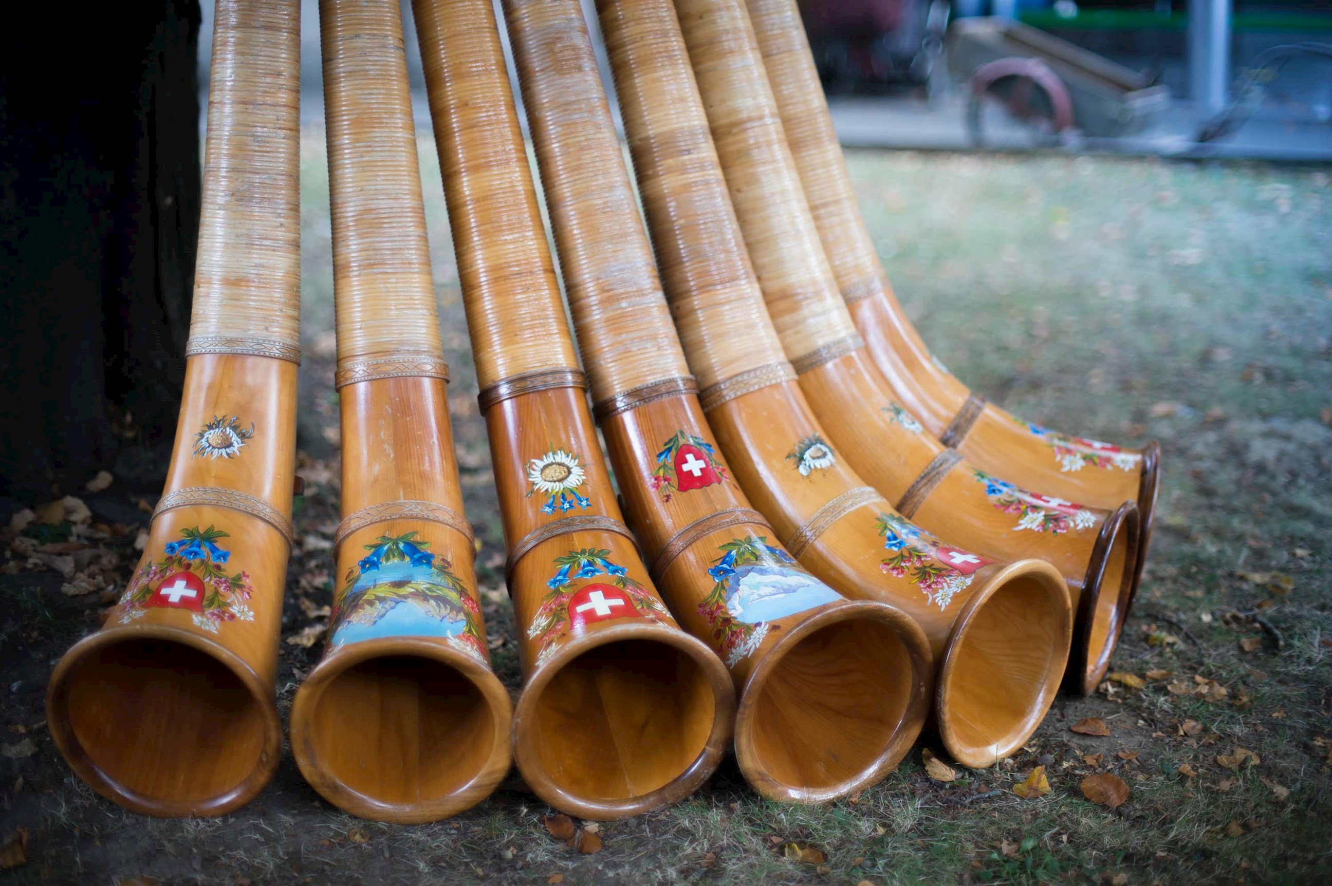 A close-up of a set of Alphorns in Switzerland