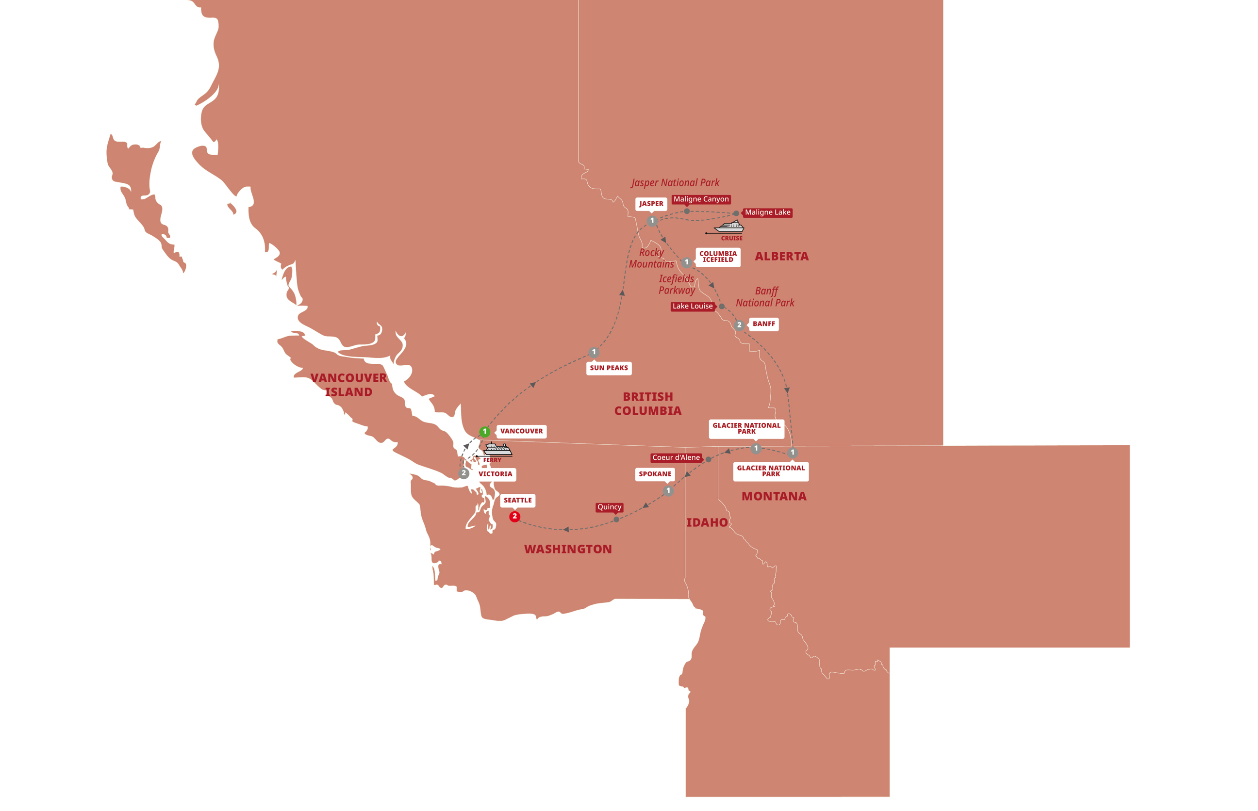 Map Canadian Rockies Pacific Coast Guided Tour APNC 27