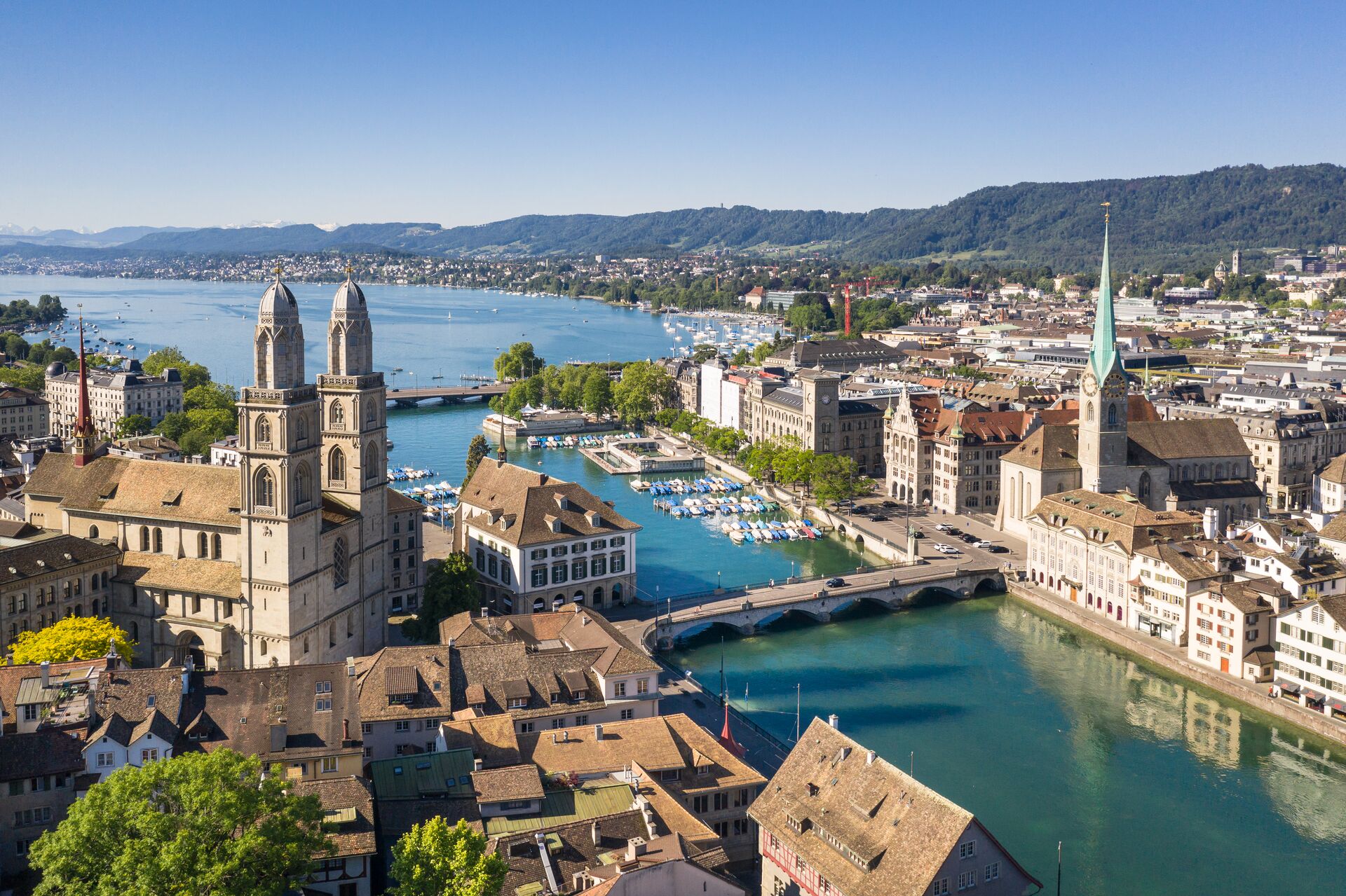 Zurich Old Town with the Limmat River running through it on a sunny day in Switzerland