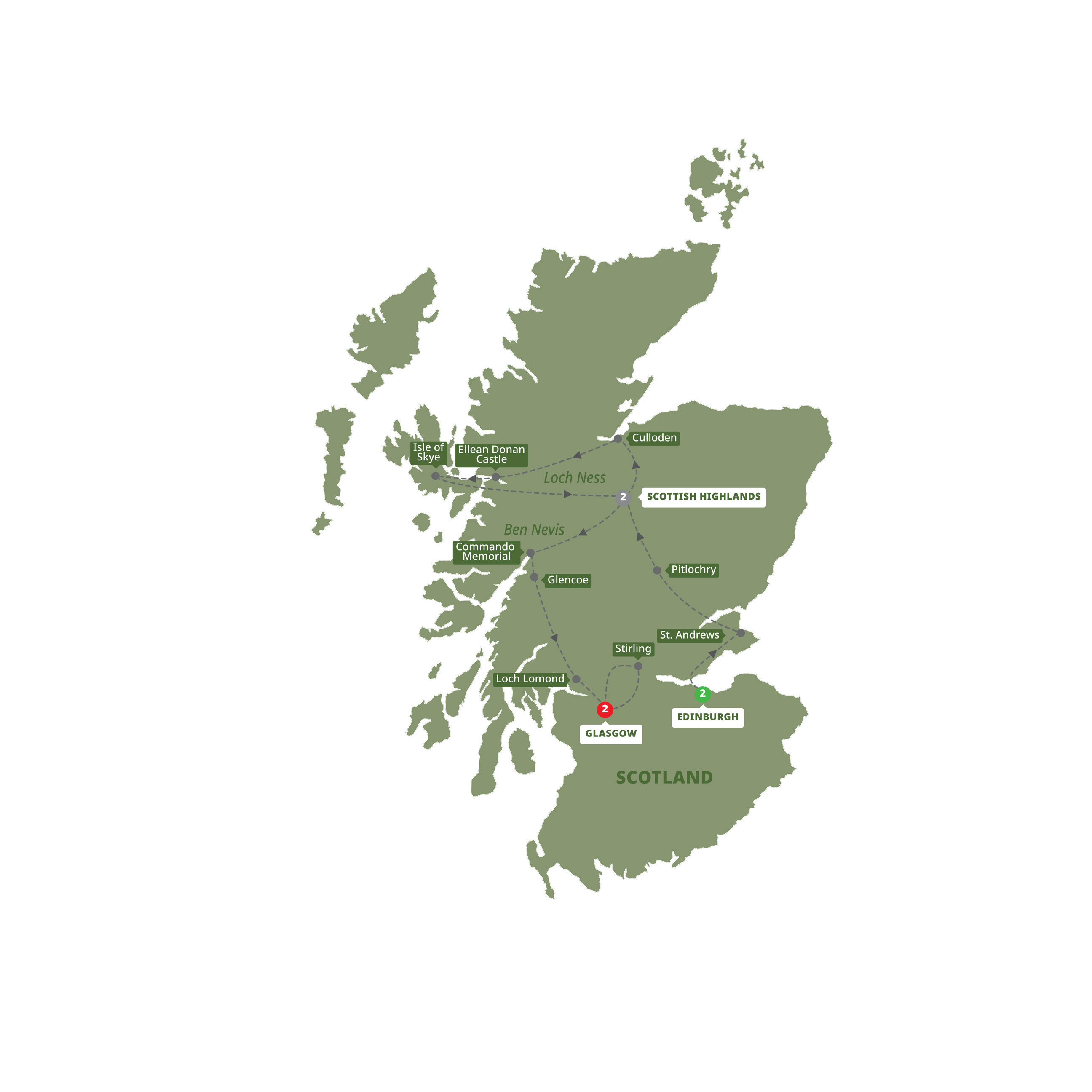 A map highlighting different stops on the Trafalgar Best of Scotland tour