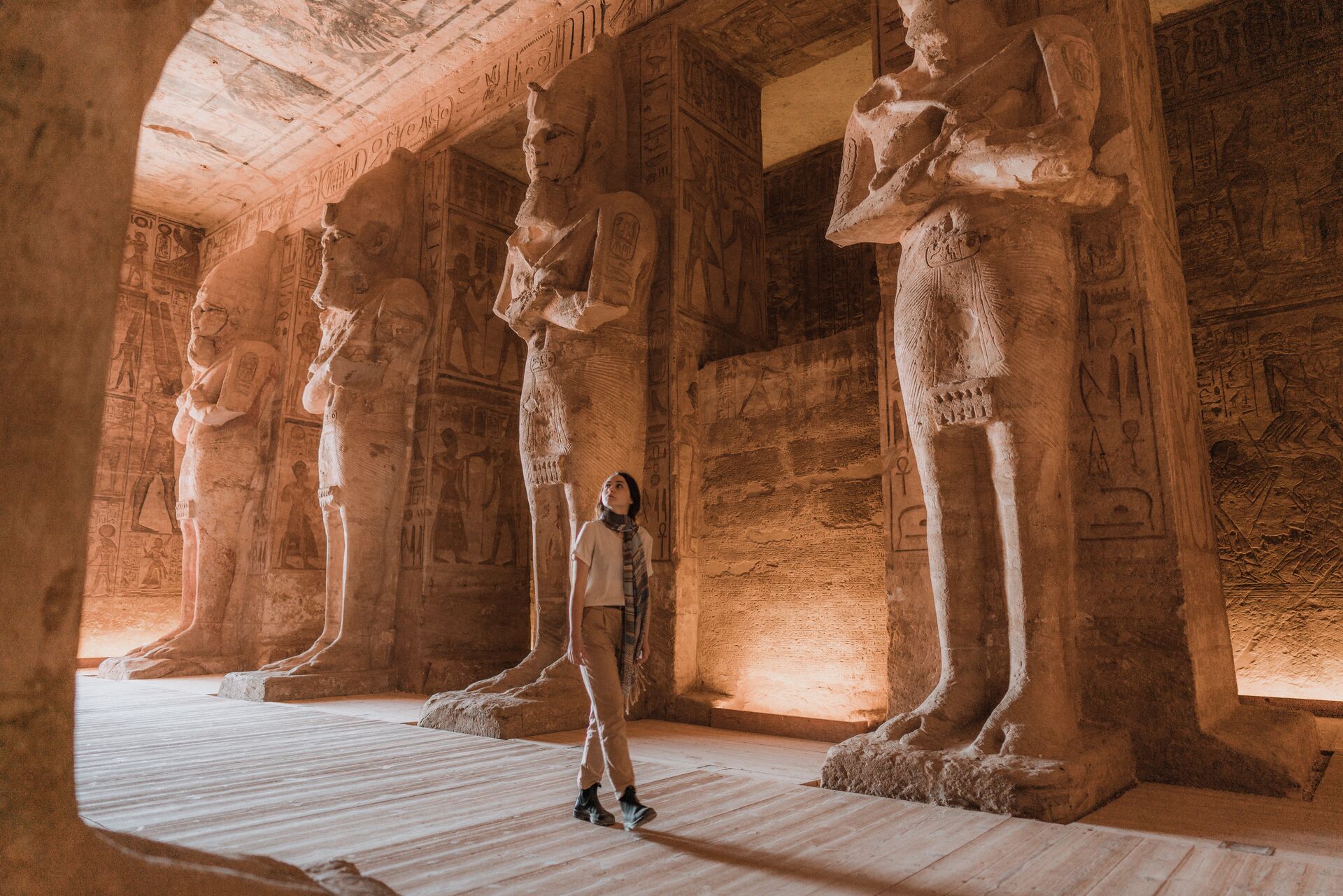 Woman Walking Inside Abu Simbel Temples in Egypt, North Africa