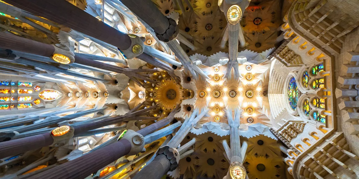 Interior Of The Sagrada Familia Church Designed By Antoni Gaudi in Barcelona, Catalonia, Spain