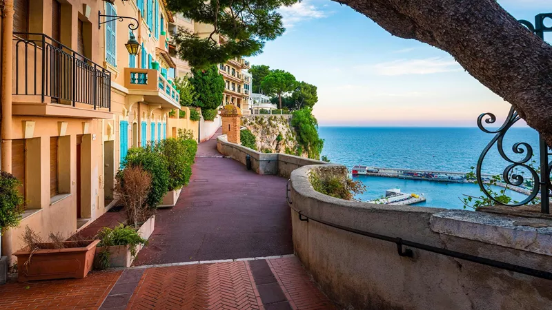 Street with houses on the Rock of Monaco, France