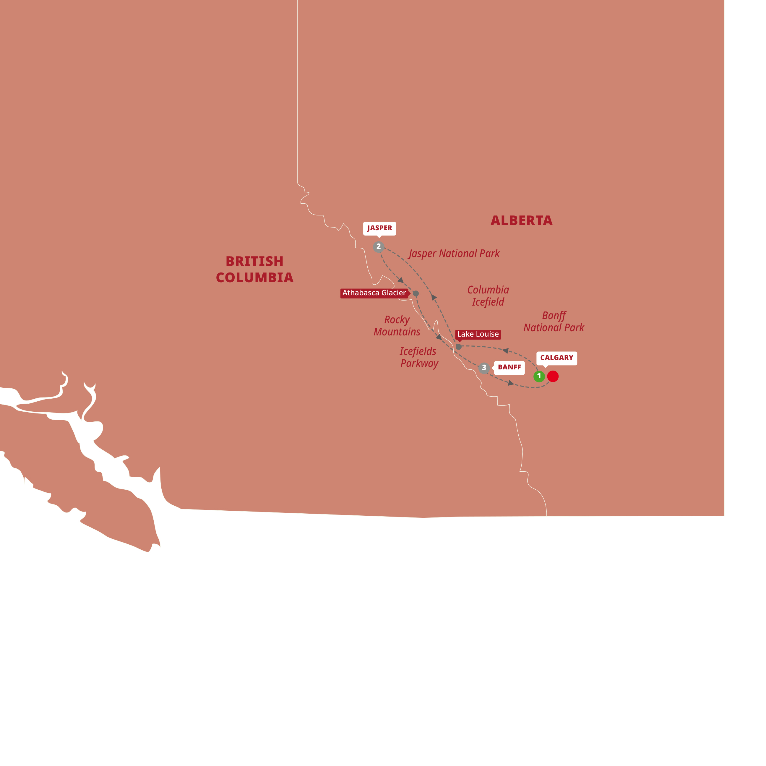 A map highlighting different stops on the Trafalgar Canada's Rockies tour