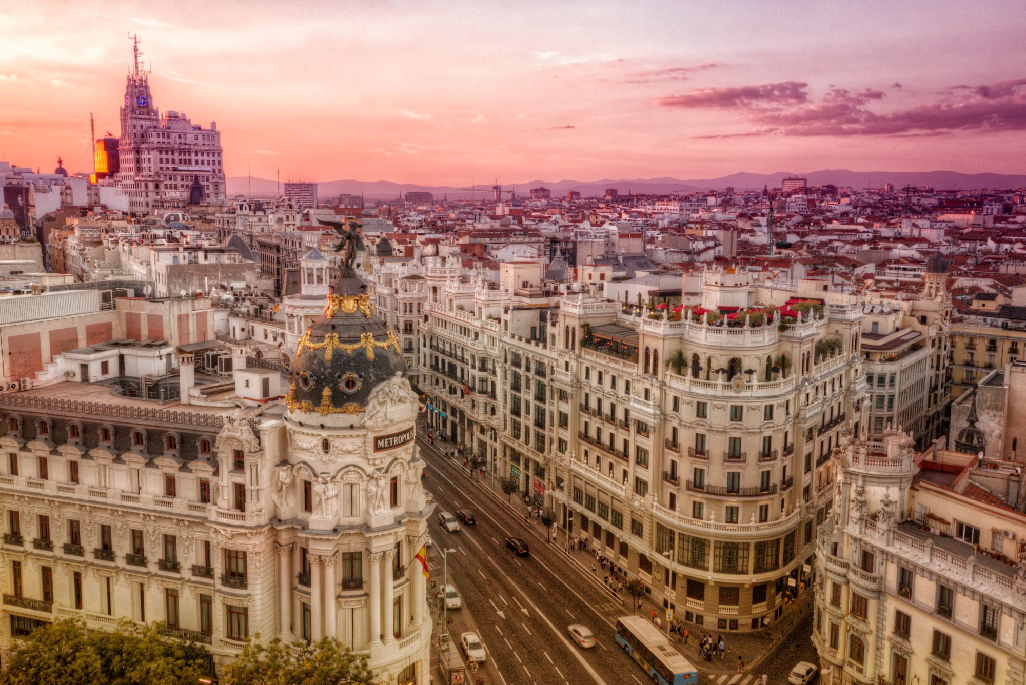 Roofs of city buildings at dusk in Spain 