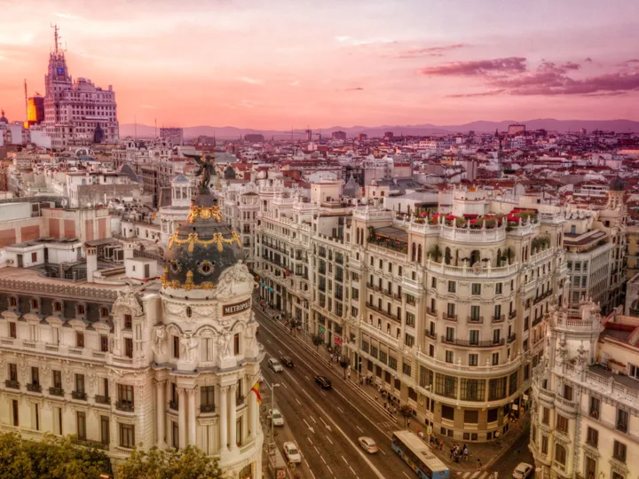 Roofs of city buildings at dusk in Spain