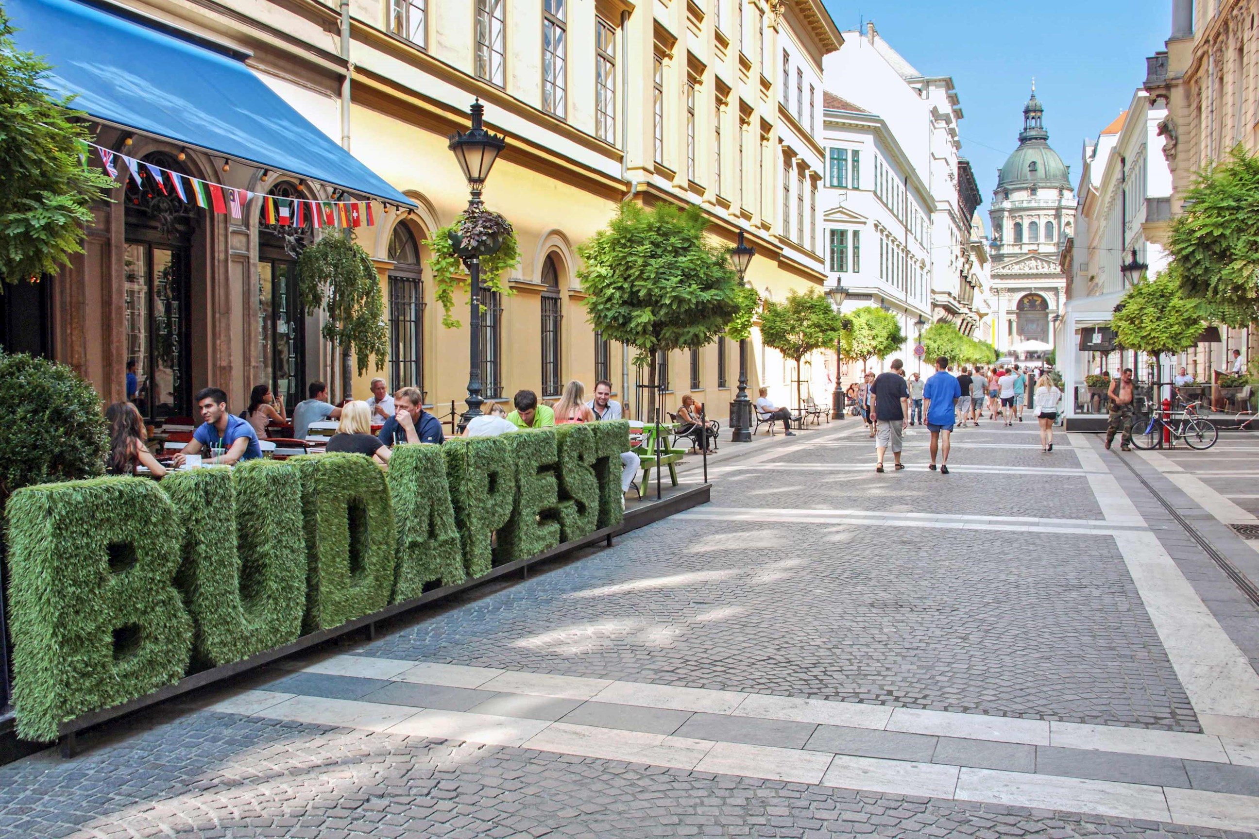 Street and restaurants in Budapest, Hungary