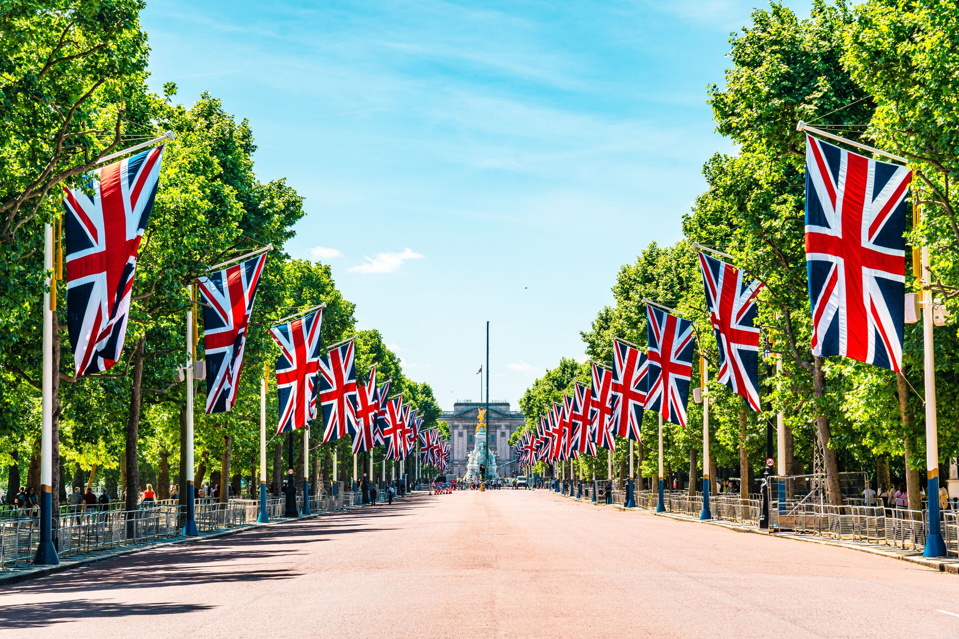 Union flags down the Mall leading to Buckingham Palace in London, UK