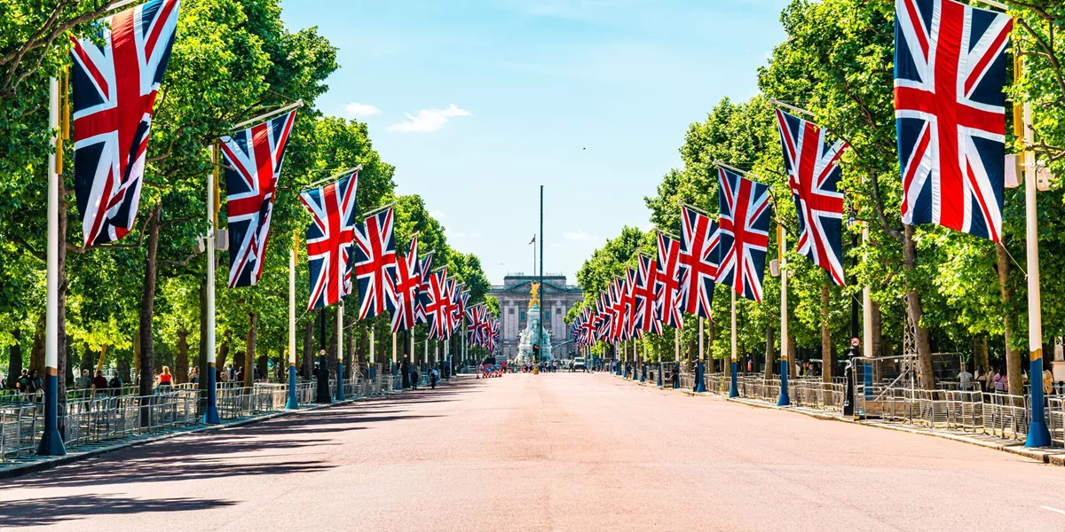 Union flags down the Mall leading to Buckingham Palace in London, UK