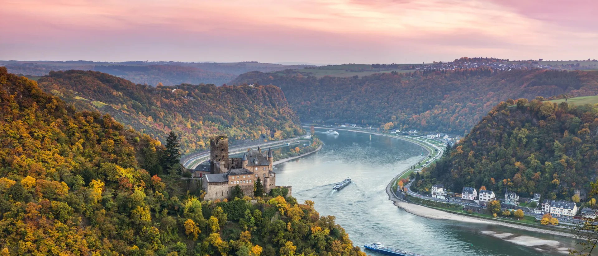 Burg Katz Castle in Germany with the Rhine in the background in autumn