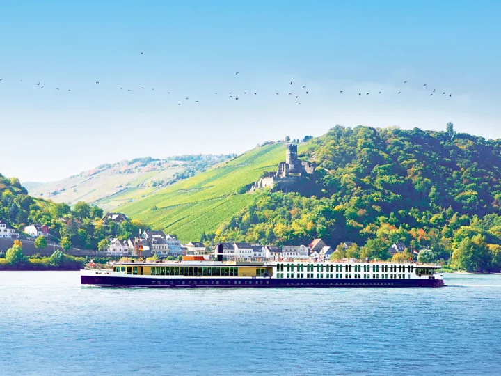 Trafalgar Cruise Ship on the River Rhine with green hills in background