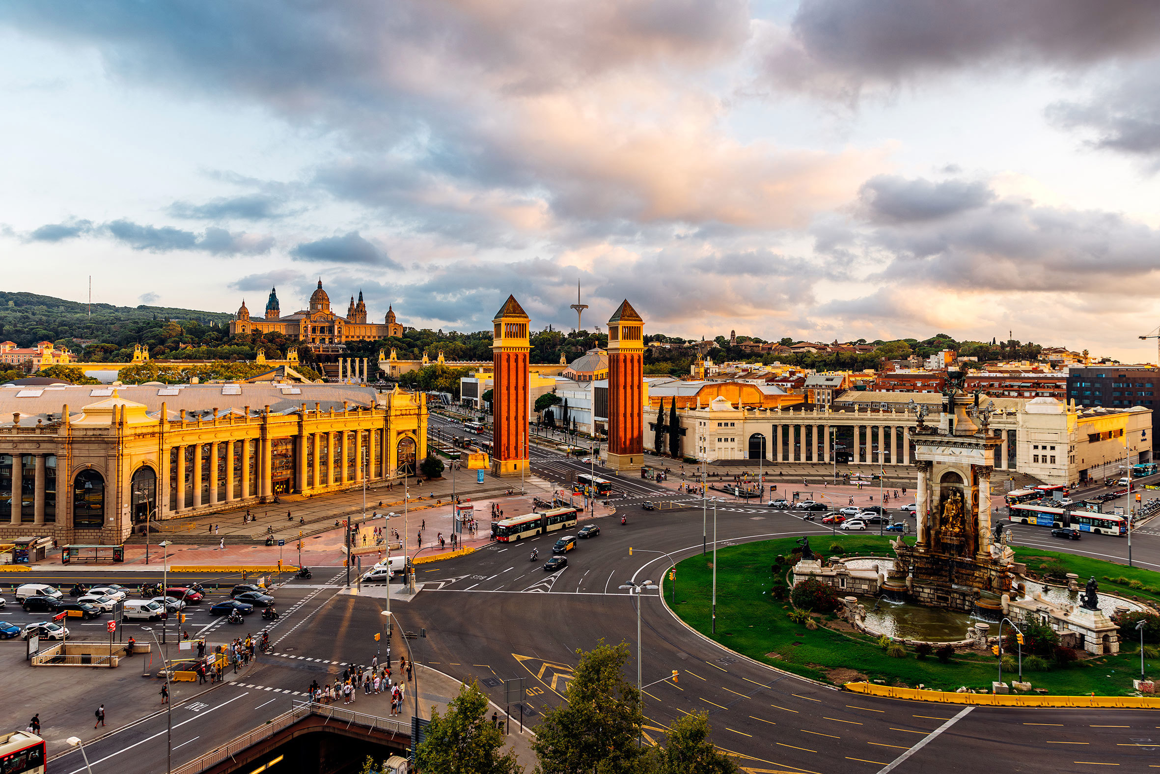 An evening view of Montjuic Panoramic Drive in Barcelona, Spain