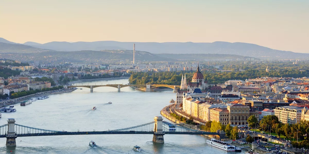 Aerial view of a Margaret Bridge as it crosses the River Danube in Budapest