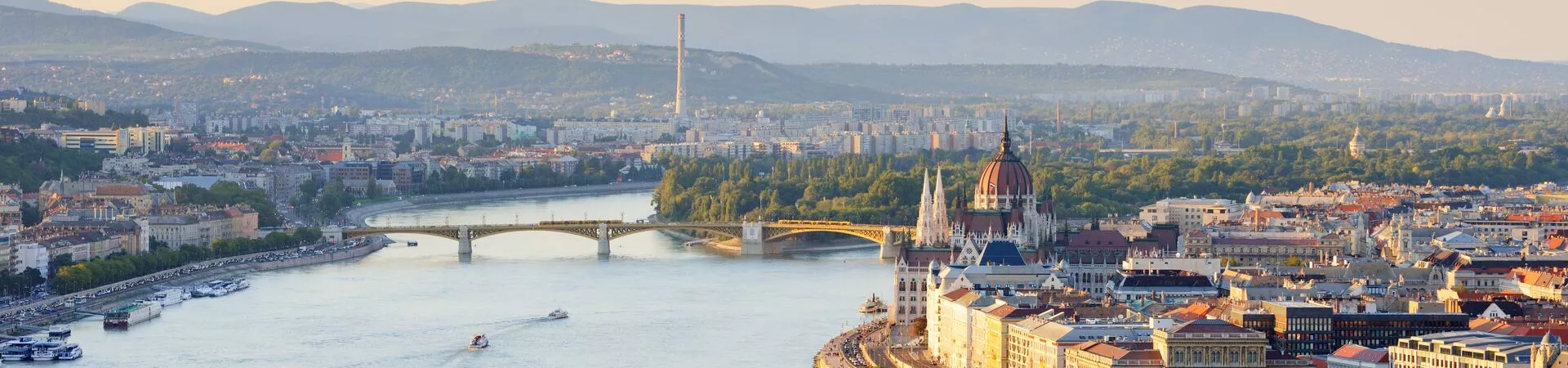 Aerial view of a Margaret Bridge as it crosses the River Danube in Budapest