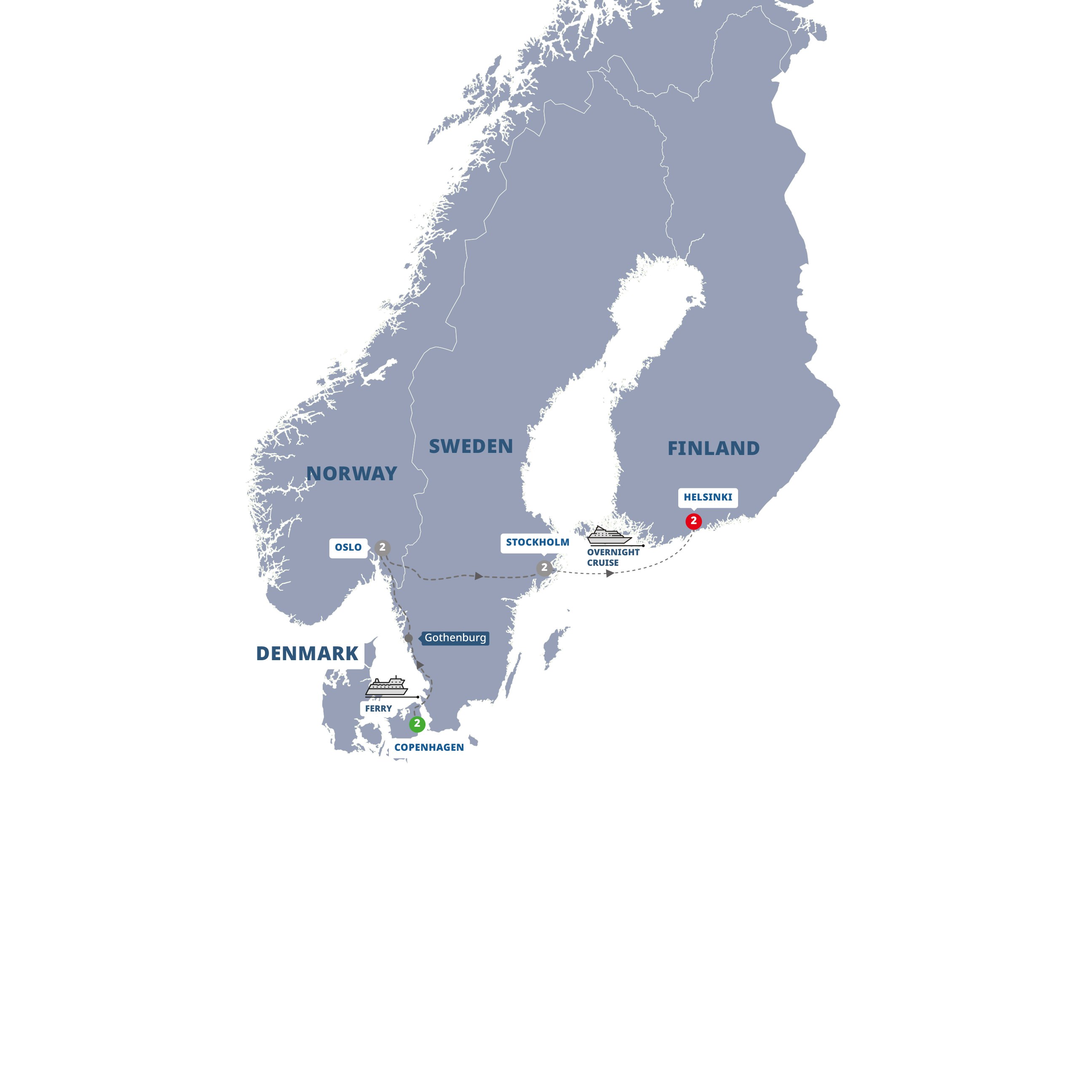 A map highlighting different stops on the Trafalgar's Capitals of Scandinavia tour
