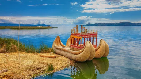 View of boats on Lake Titicaca in Puno, Peru