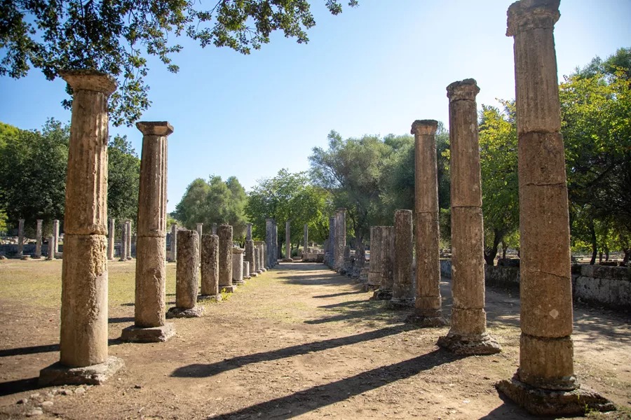 Rows of ancient columns in Olympia, Peloponnese, Greece