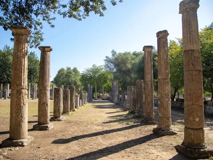 Rows of ancient columns in Olympia, Peloponnese, Greece