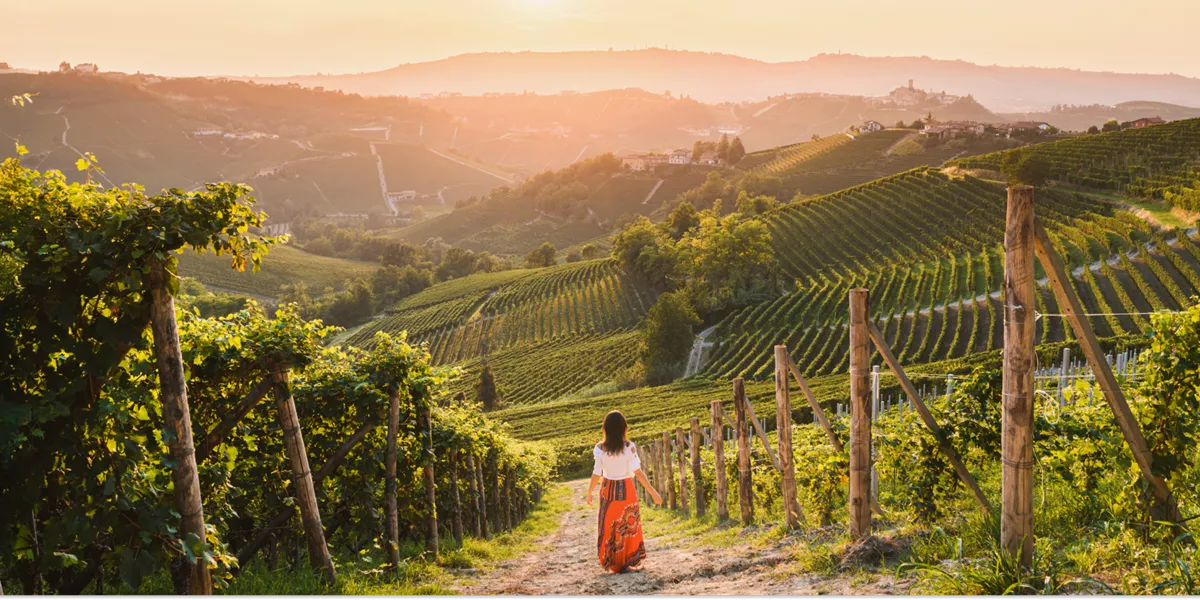 A woman walks down a vineyard on a hillside in Italy