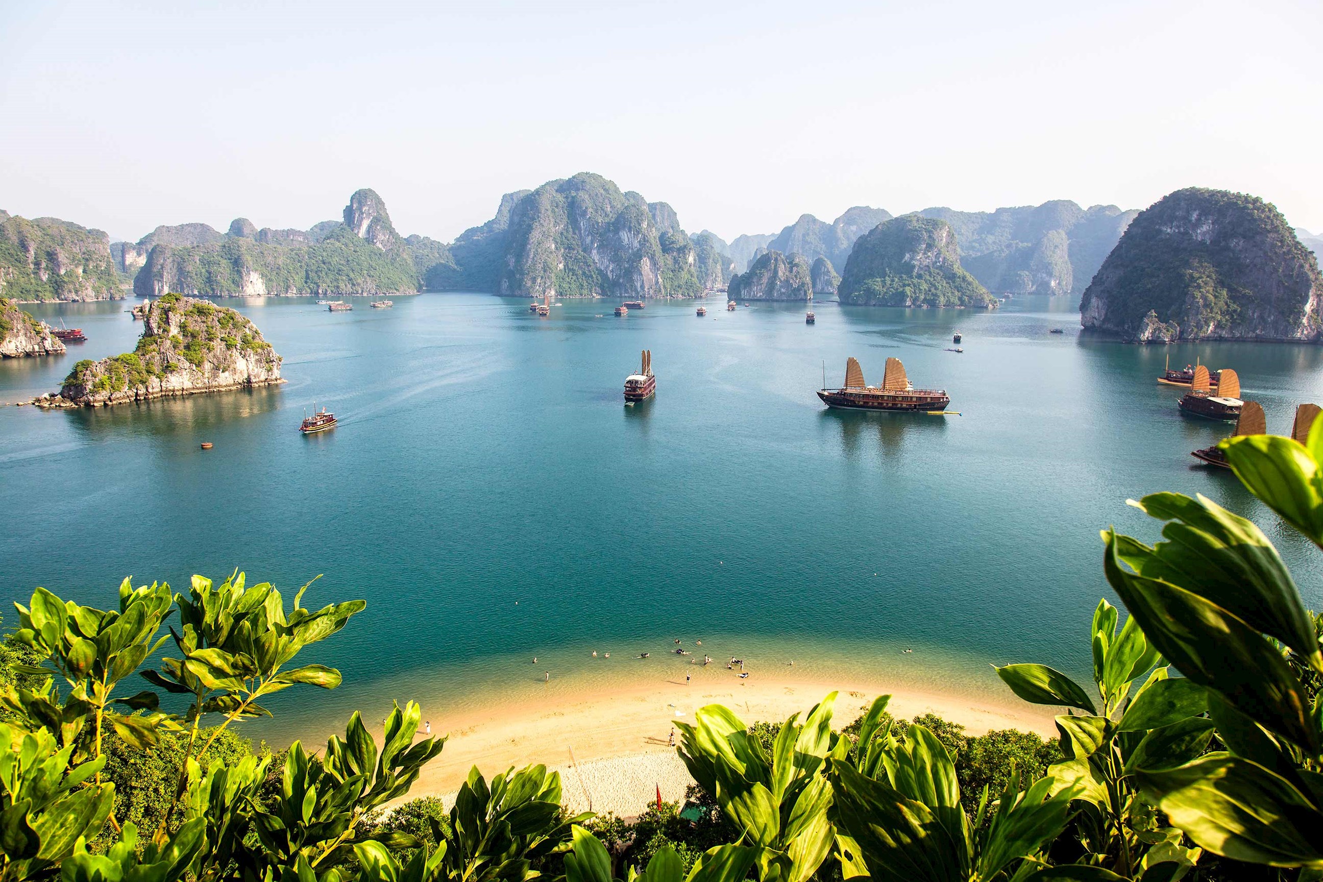 Boats and Beach in Halong Bay, Vietnam