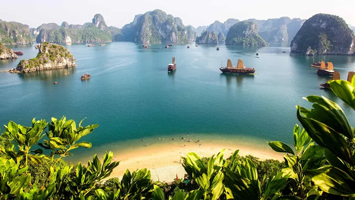 Boats and Beach in Halong Bay, Vietnam
