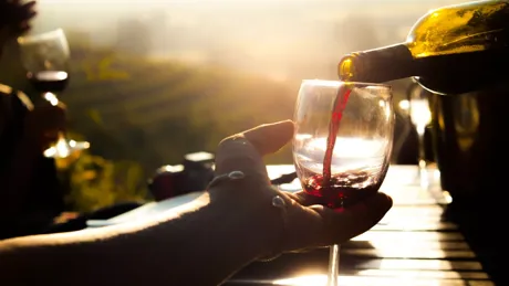 A person pouring red wine into a wine glass