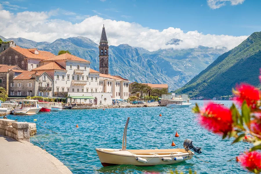 Historic town of Perast at bay of Kotor in summer, Montenegro