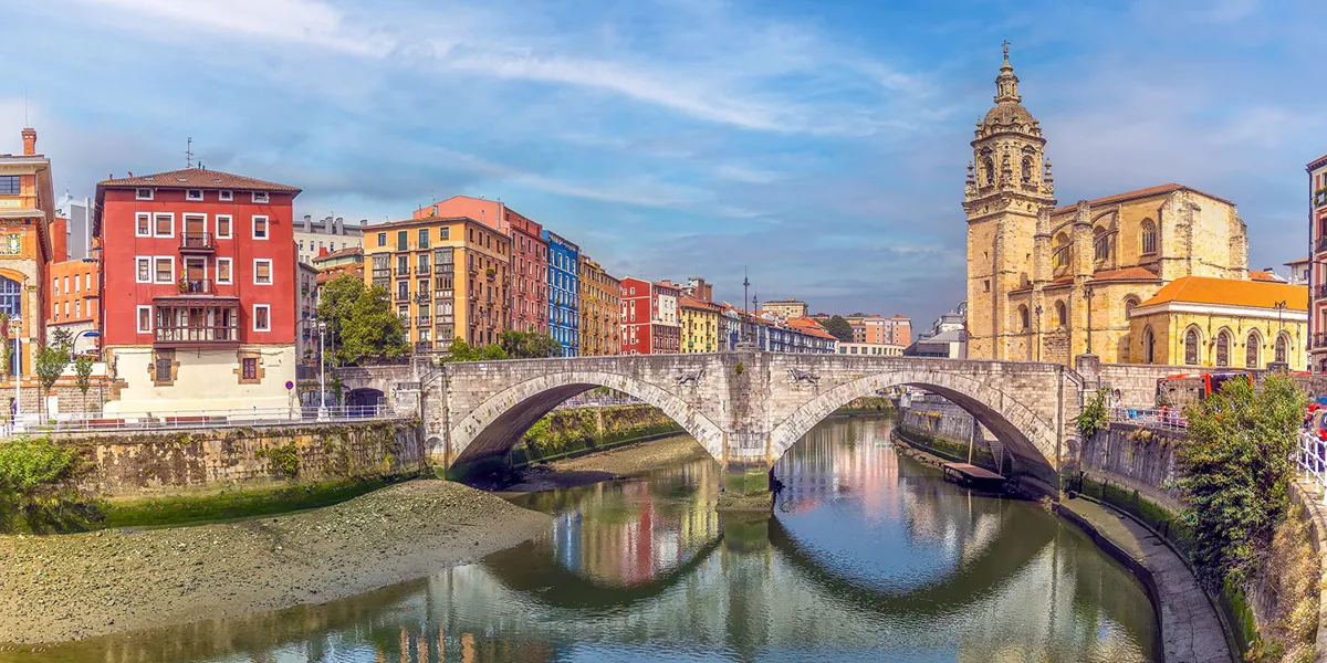 Scenic view of the Church of San Anton and San Anton Bridge in Bilbao, Spain
