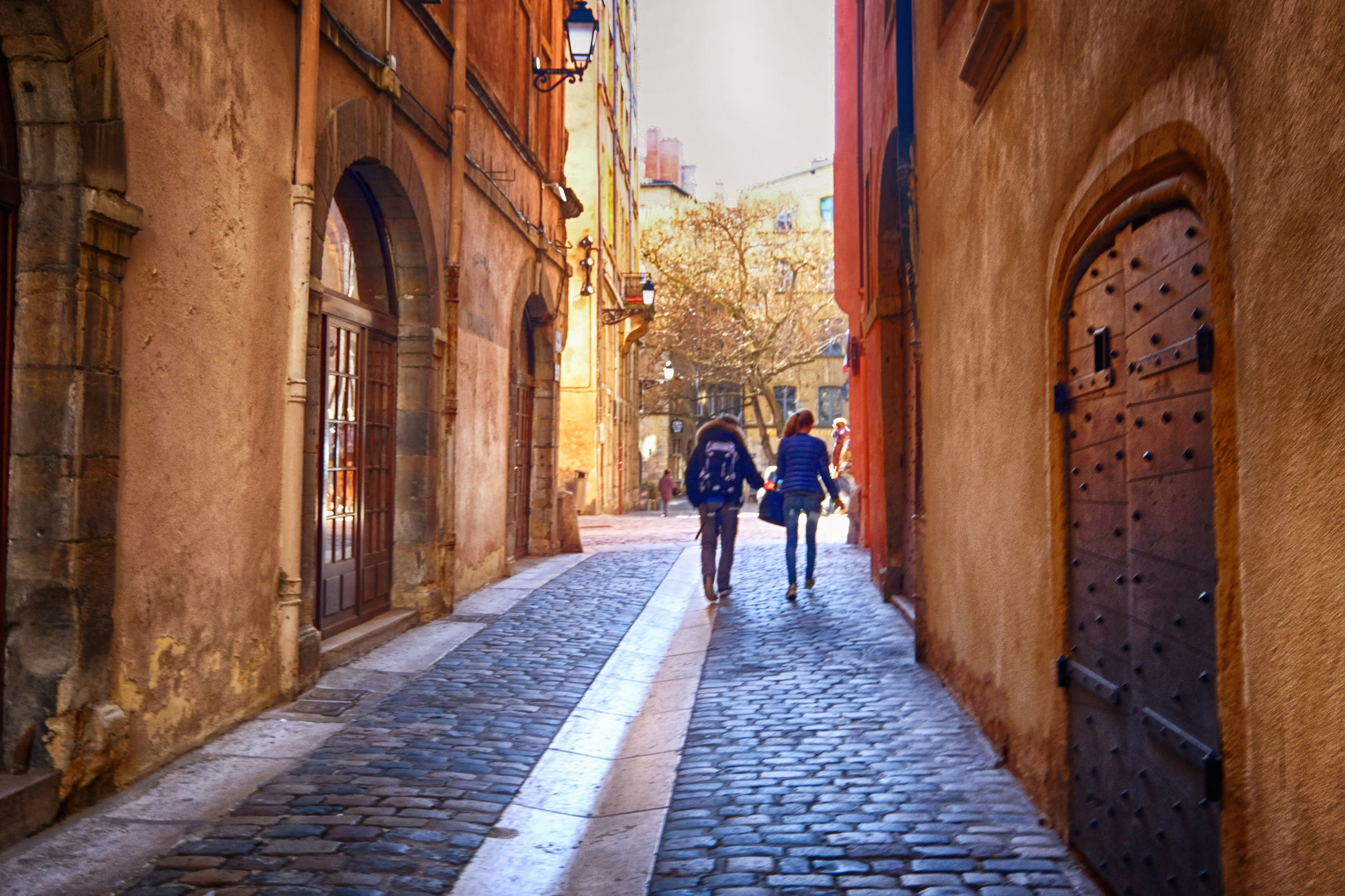 A couple walking in Lyon, France