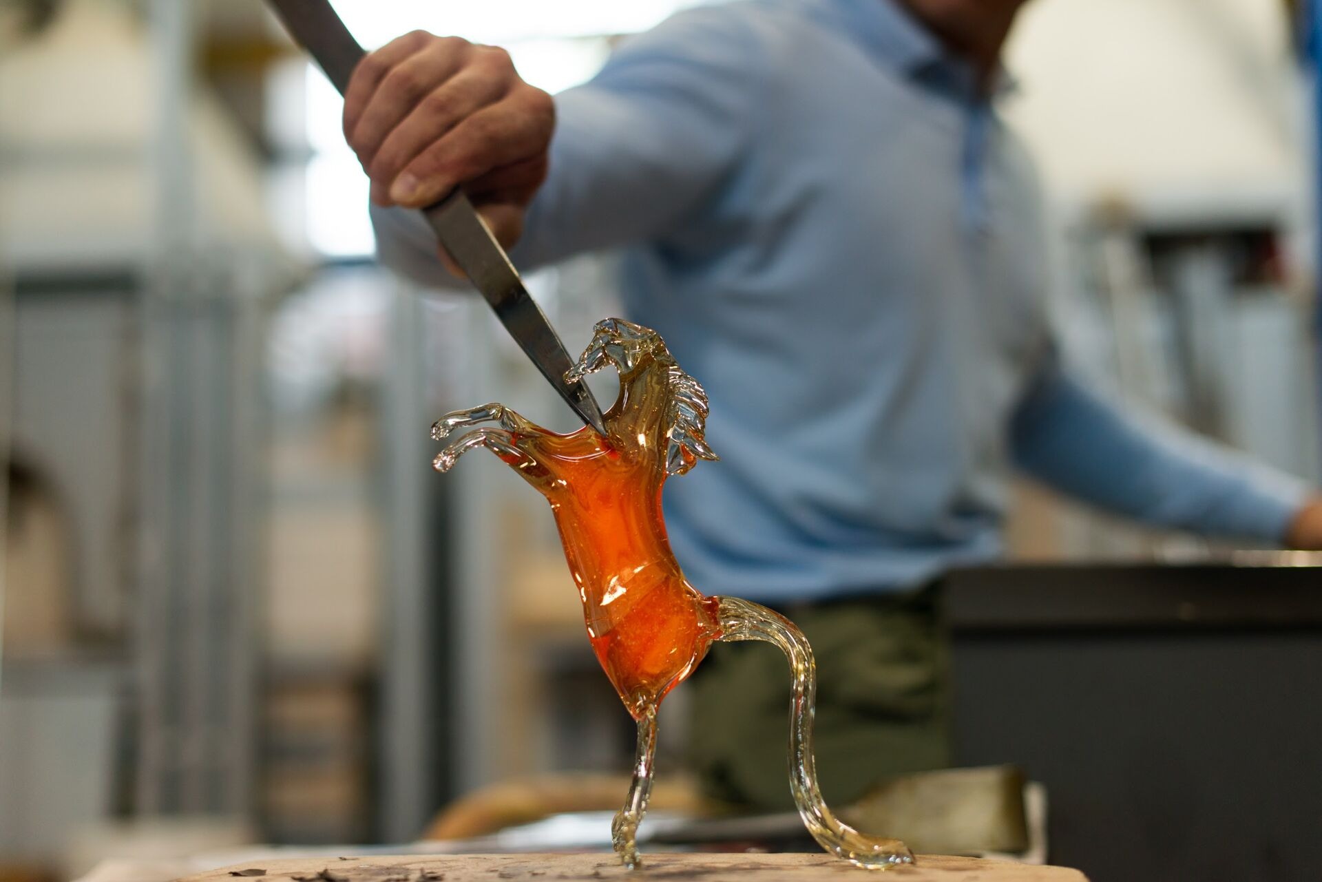 Close-up of a traditional glass-blowing in Venice, Italy