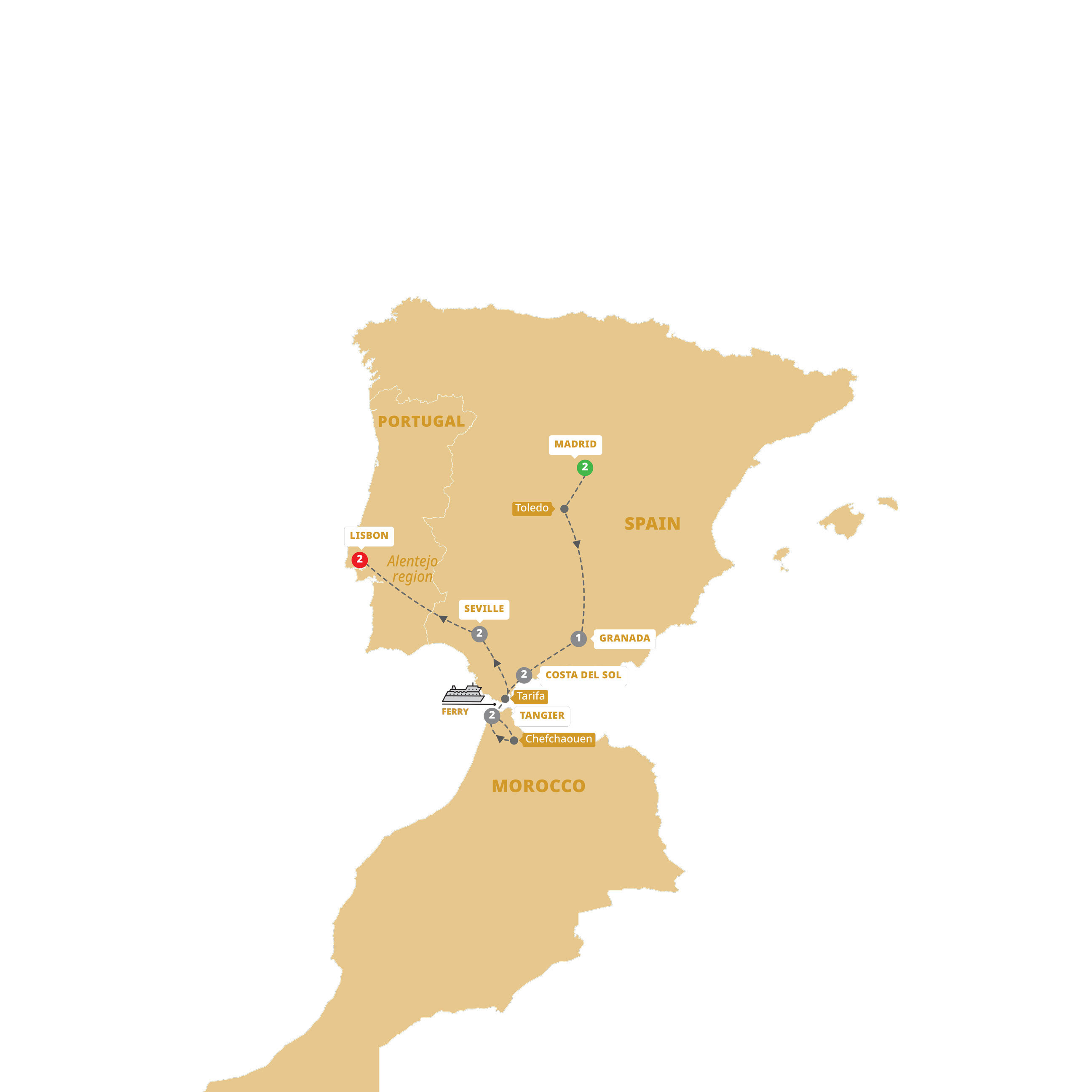 Spain, Morocco and Portugal Whirl Guided Tour Map 2026