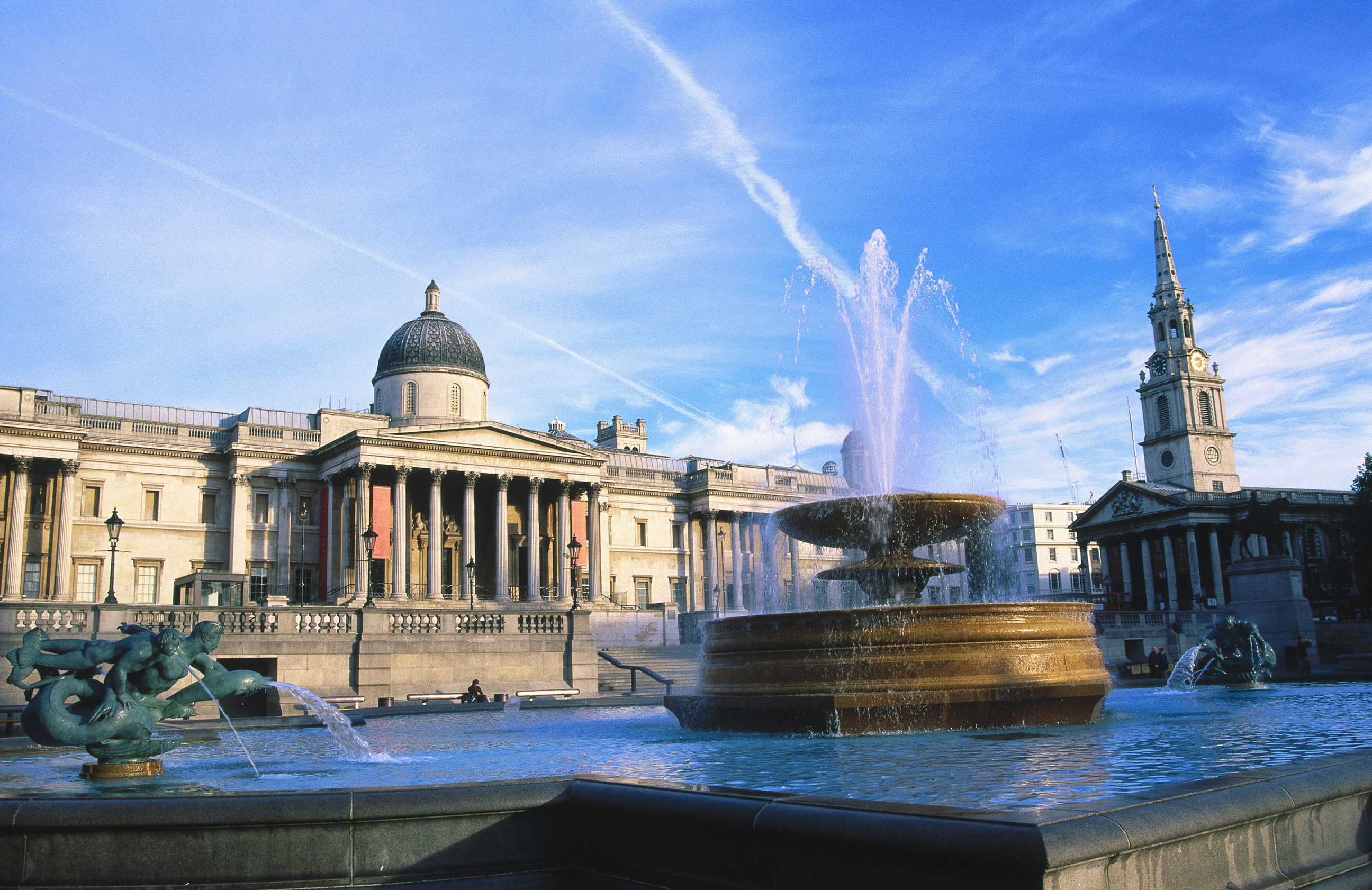 London's Trafalgar Square with National Gallery, fountain and St Martin in the Fields church