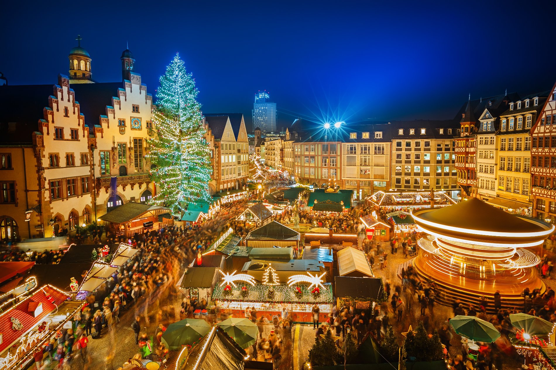 Christmas market, christmas tree and the market booths in Frankfurt Germany