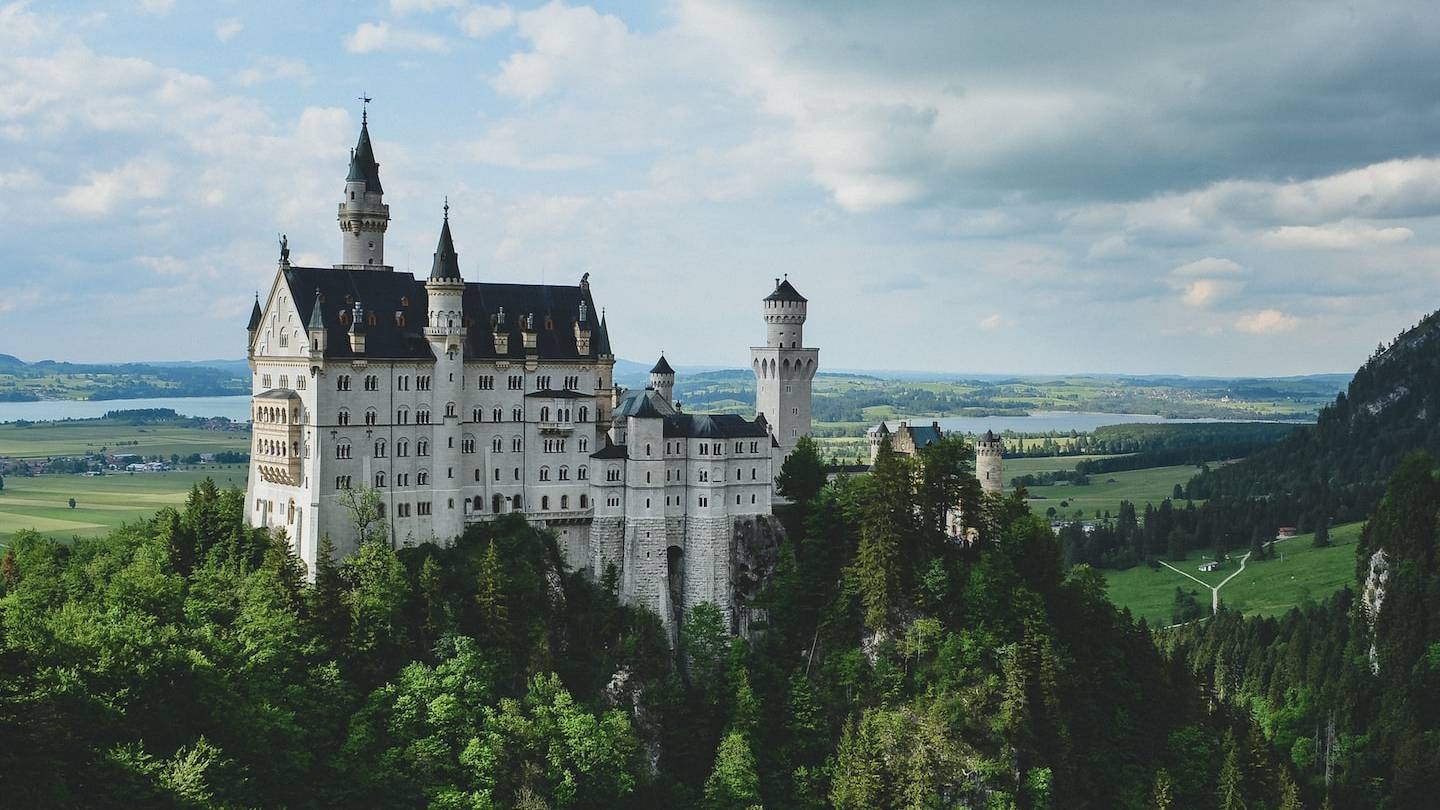 Landscape of Neuschwanstein Castle with lakes around it, Germany