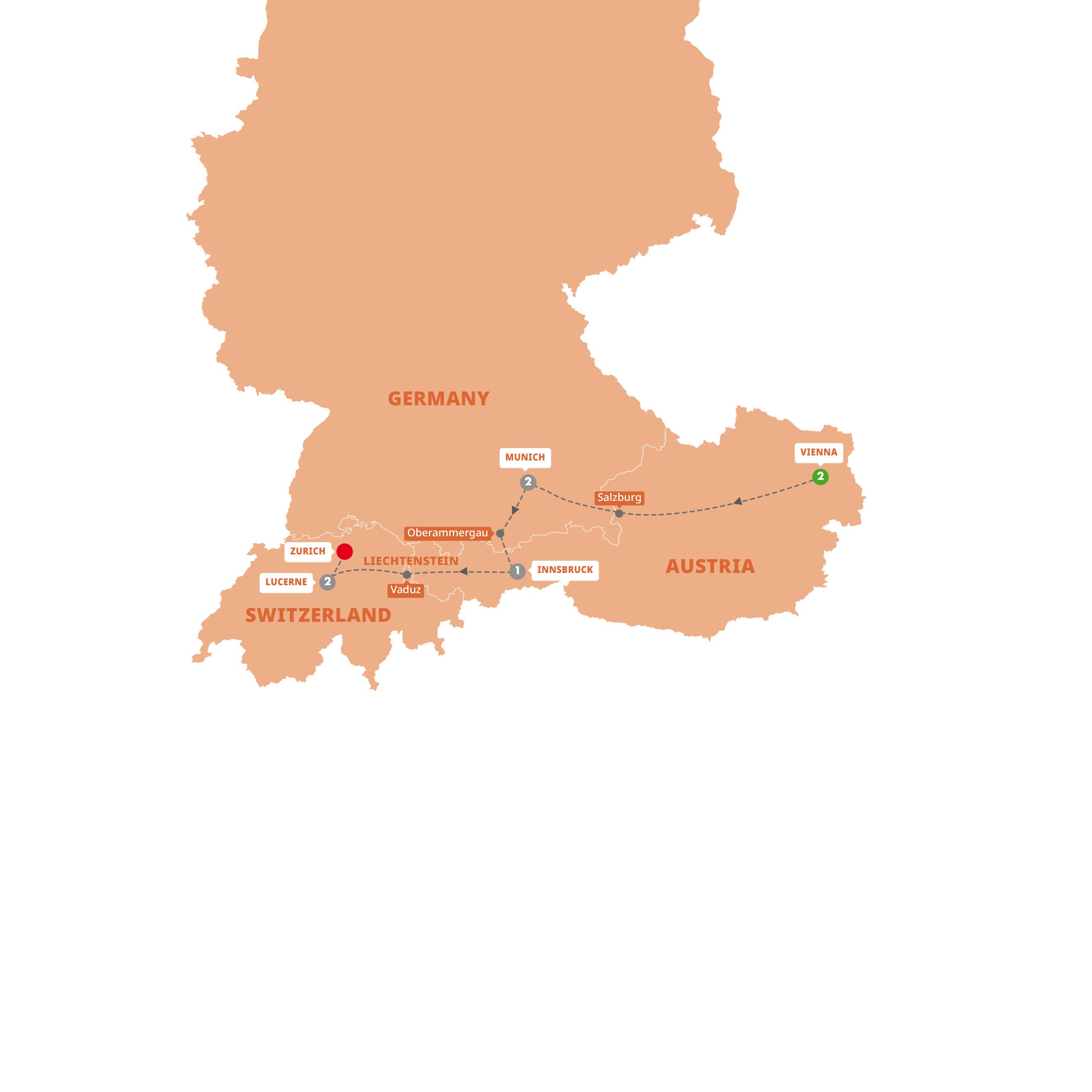 A map highlighting different stops on the Trafalgar Christmas Markets of Austria, Germany and Switzerland tour