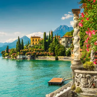 Oleander Flowers And Villa Monastero In Background, Lake Como, Varenna