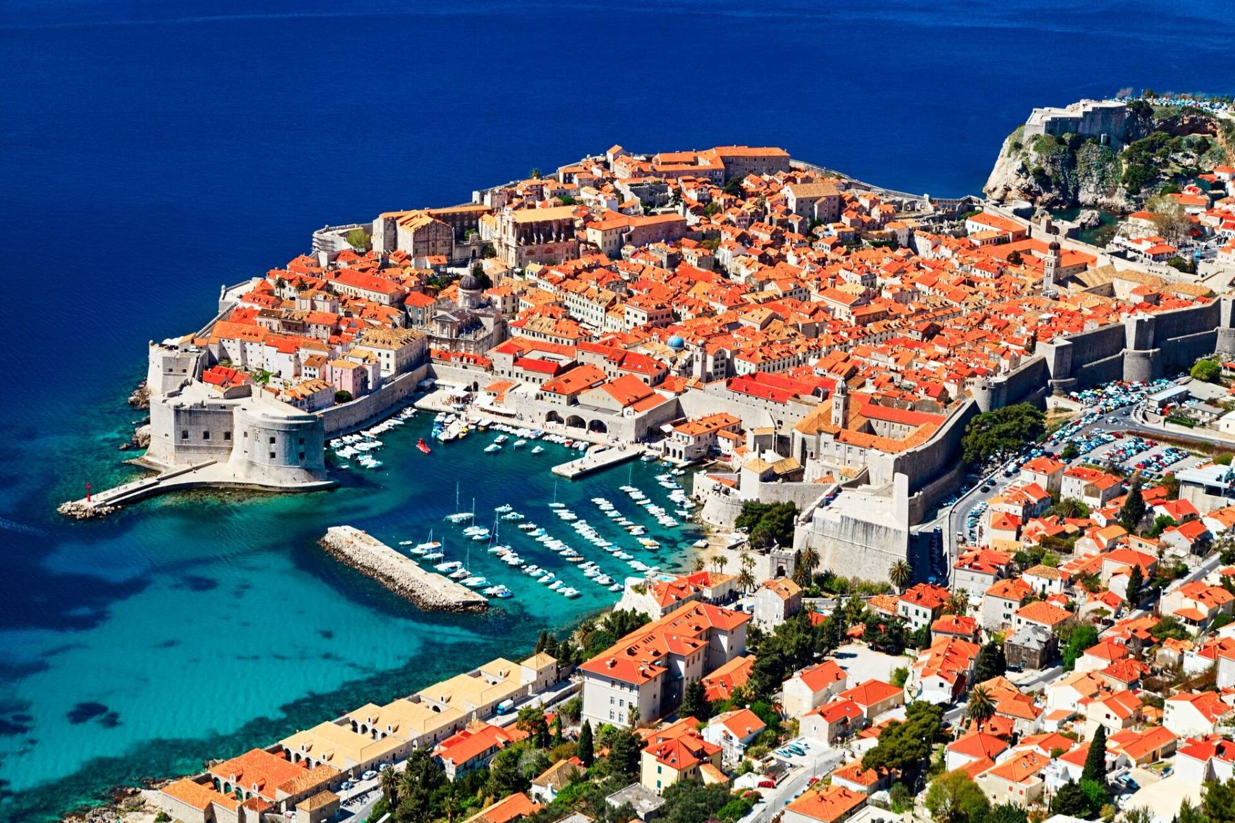 Aerial view of old town Dubrovnik on sunny day, Croatia